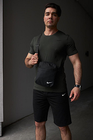 Комплект чоловічий Nike: футболка хакі + шорти чорні + барсетка чорна Київ - изображение 1