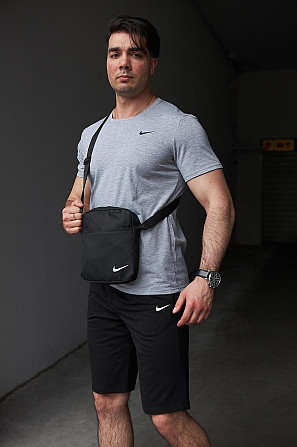 Комплект чоловічий Nike: футболка сіра + шорти чорні + барсетка чорна Київ - изображение 1