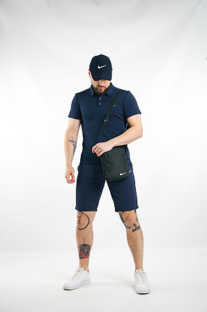 Комплект чоловічий Nike: поло синє + шорти сині + барсетка чорна + кепка синя Київ - изображение 1