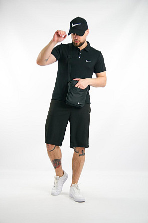 Комплект чоловічий Nike: поло чорне + шорти чорні + барсетка чорна + кепка чорна Київ - изображение 1