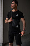 Комплект чоловічий Adidas: футболка чорна + шорти чорні + барсетка чорна Київ