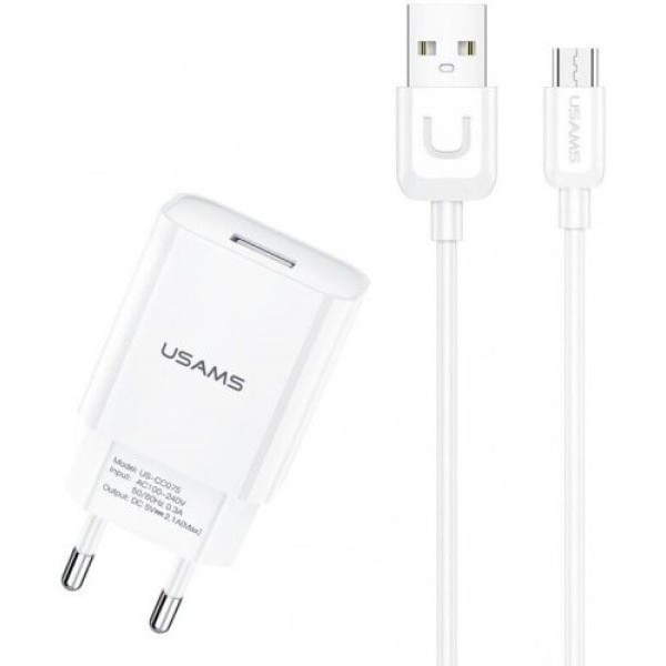 Мережевий зарядний пристрій Usams T21 KiT T18 single USB-A 2.1A + cable Micro White (Код товару:3731 Харьков - изображение 1