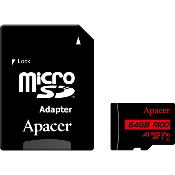 Карта пам'яті Apacer microSDHC 64GB UHS-I Class 10 + SD-adapter (AP64GMCSX10UB-R) (Код товару:38071) Харьков - изображение 1