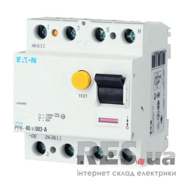 Устройство защитного отключения PF6-40/4/0.03 40А 30мА 4п. Eaton Київ - изображение 1