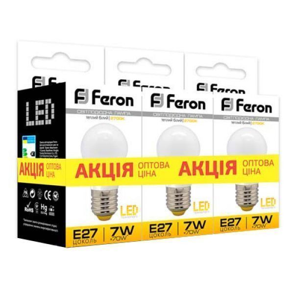 Лампа светодиодная шар G45 7W Е27 2700K LB-95 Feron (акция 3 шт/уп) Киев - изображение 1