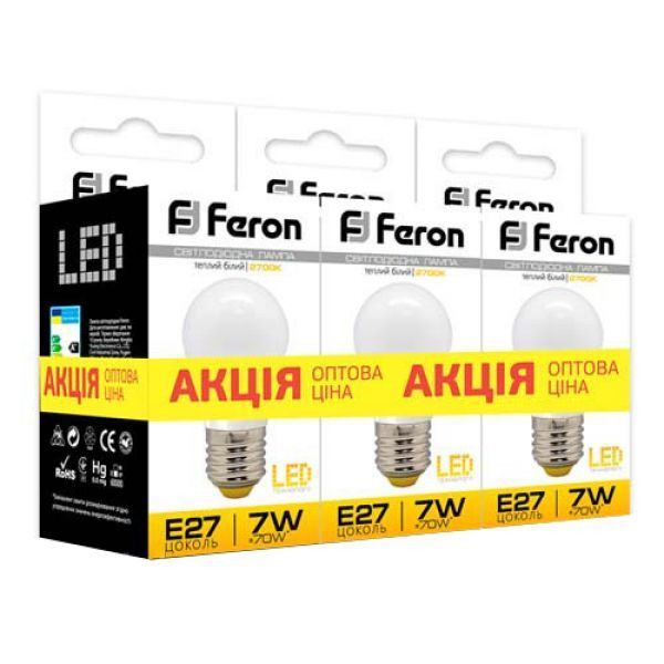Лампа светодиодная шар G45 7W Е27 4000K LB-95 Feron (акция 3 шт/уп) Киев - изображение 1