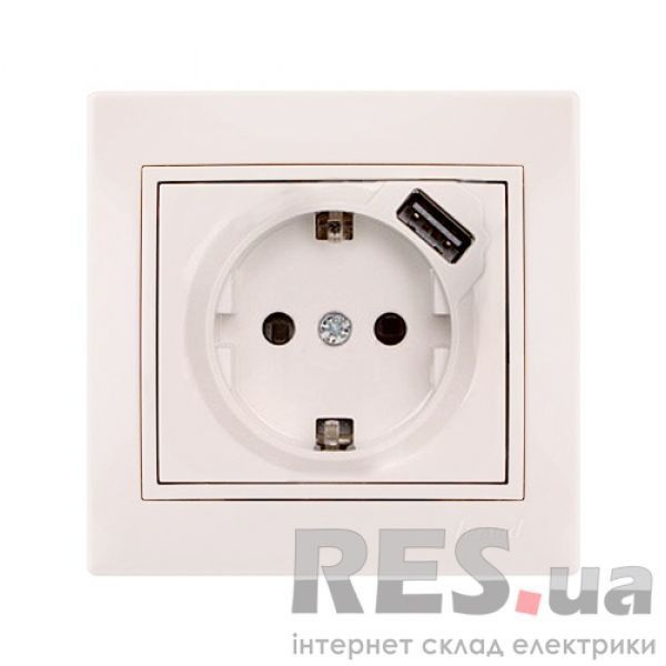 Розетка Lezard Mira с заземлением + USB-розетка Кремовая (701-0303-181) Киев - изображение 1