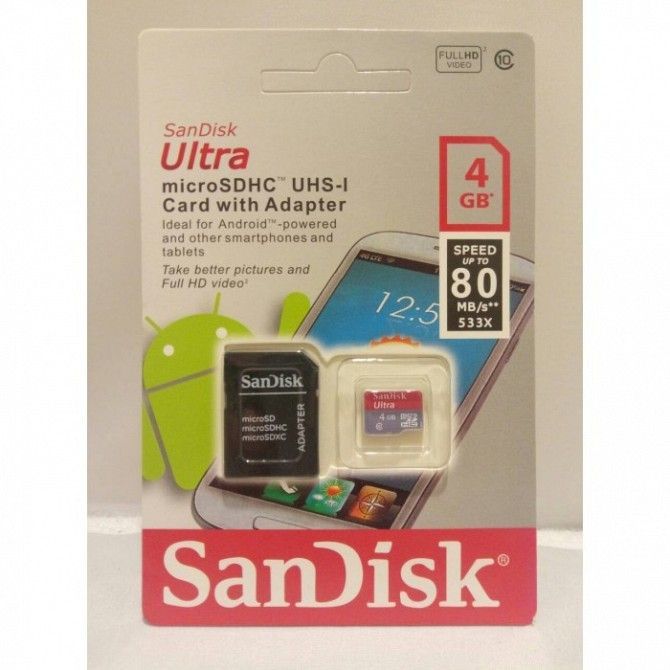 Карта памяти SanDisk Ultra microSD HC UHS-I 4GB Class 10 + SD adapter Киев - изображение 1