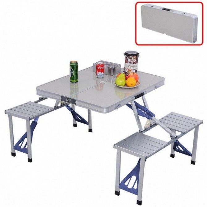 Алюминиевый стол для пикника раскладной со 4 стульями Folding Table 85х67х67 см (Серебристый) Киев - изображение 1
