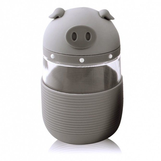 Кружка из стекла в силиконовой защите с крышкой и ремешком Piggy серая SKL11-203689 Киев - изображение 1