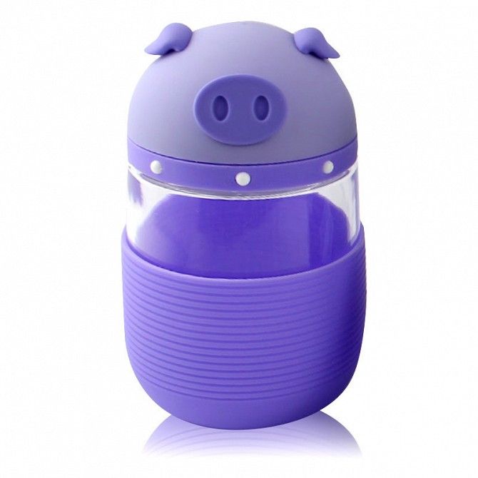 Кружка из стекла в силиконовой защите с крышкой и ремешком Piggy фиолетовая SKL11-203687 Киев - изображение 1