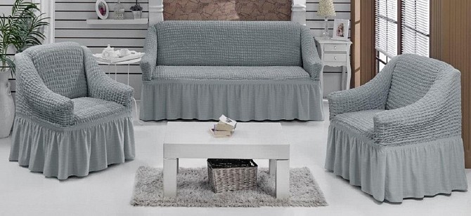 Чехол на диван и два кресла с юбкой Баклажновый Home Collection Evibu Турция 50074 Новое, Светло-сер Житомир - изображение 1
