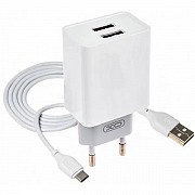 Мережевий зарядний пристрій XO L65 Double USB 2.4A + cable Type-C White (Код товару:24431) Харьков