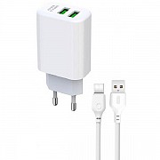 Мережевий зарядний пристрій XO L85C Double USB 12W 2.4A + cable Type-C White (Код товару:24429) Харьков