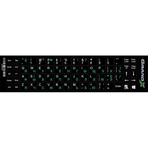 Наклейка на клавіатуру Grand-X 68 keys Cyrillic green, Latin white (GXDPGW) (Код товару:28099) Харьков - изображение 1