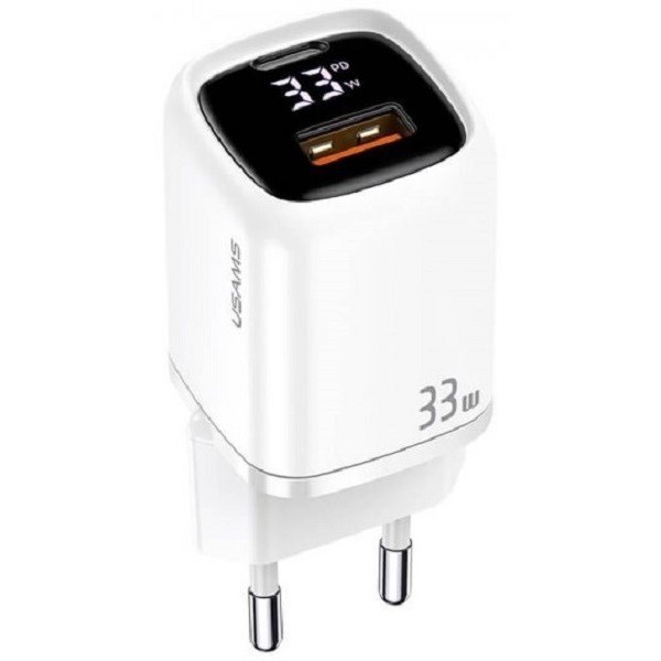 Мережевий зарядний пристрій Usams T46 Digital Display USB-A/USB-C PD&QC3.0 33W 3A White (US-CC152) ( Харьков - изображение 1