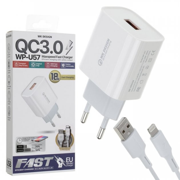 Сетевое зарядное устройство USB с кабелем USB WK Lightning WP-U57-L-White 1 м Киев - изображение 1