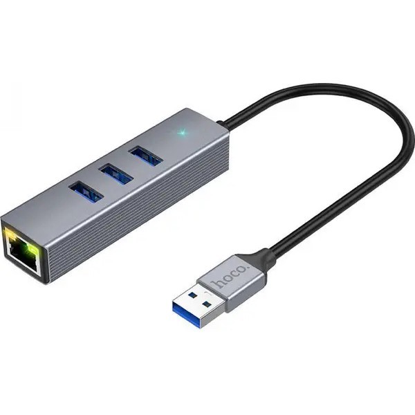 USB HUB Hoco HB34 Easy Link (USB to USB3.0x3+RJ45) Metal Gray (Код товару:33573) Харьков - изображение 1