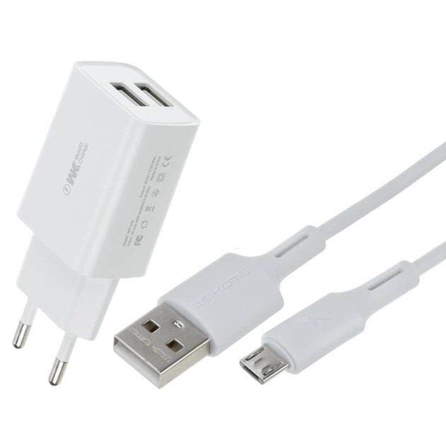 Cетевое зарядное устройство EU и кабель USB-microUSB WK WP-U56m-White 2.0A белый Київ - изображение 1